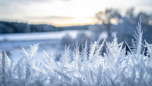 Intricate ice formations covering blades of grass in a serene winter landscape at sunrise