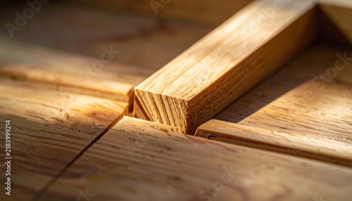 Intricately carved wooden joint showcasing fine grain detail with warm sunlight highlights