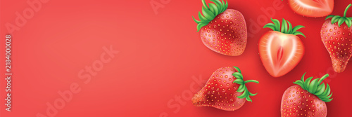 Ripe, juicy red strawberries with green stems whole berries and halves on a bright red background. 3d realistic banner