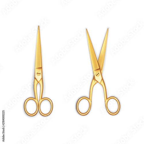 Realistic Golden scissors gleam with polished shine on white background. Vector 3d icons