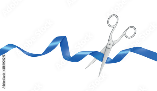 Blue ribbon waves gently across a clean white background
