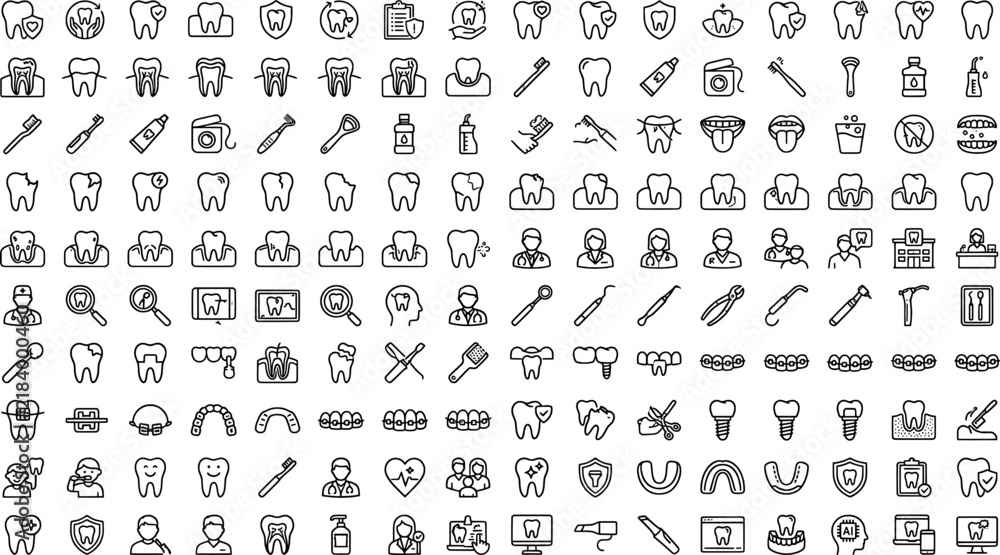 Fototapeta premium Set of dental care and dentistry line icons