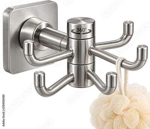 Modern brushed stainless steel multi-arm rotating wall hook with hanging sponge for bathroom or kitchen organization
