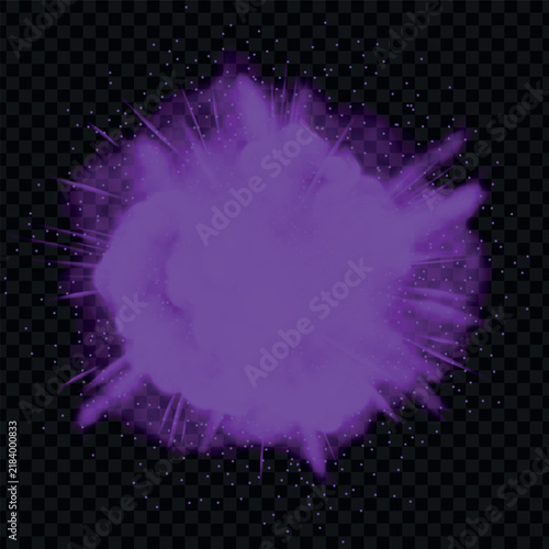 Realistic abstract purple explosion effect. Powder or dust cloud or burst splash isolated on dark transparent background.