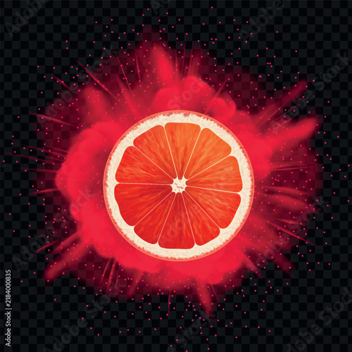 Realistic citrus explosion. Grapefruit slice with colorful burst on dark transparent background