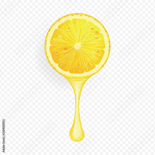 Vector realistic lemon slice with drops golden juice on transparent background
