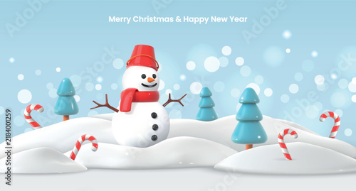 Merry Christmas and Happy New Year greeting cards with Snowman in red hat and scarf, candy canes, pine trees. Holiday banner, poster, flyer