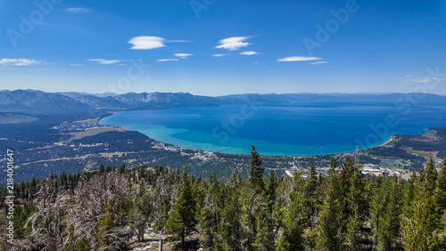 After Ride on a Gondola Ski Lift in Lake Tahoe, California, looking at Lake Tahoe from the Top of the Mountain Summit in the Sierra Nevada Mountains