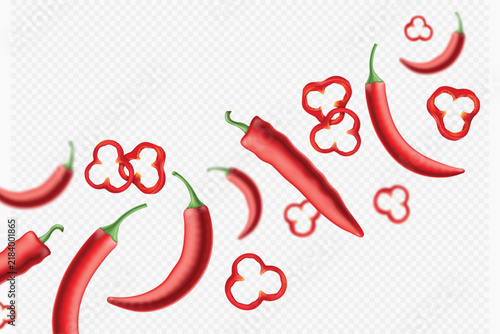 Red chili peppers float in mid-air Hot spicy chilly peppers compositions on white background.