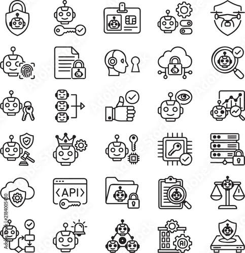 AI Agent Access Control Cybersecurity Line Icon Set for Autonomous Agents, Identity, Permissions and Enterprise Security