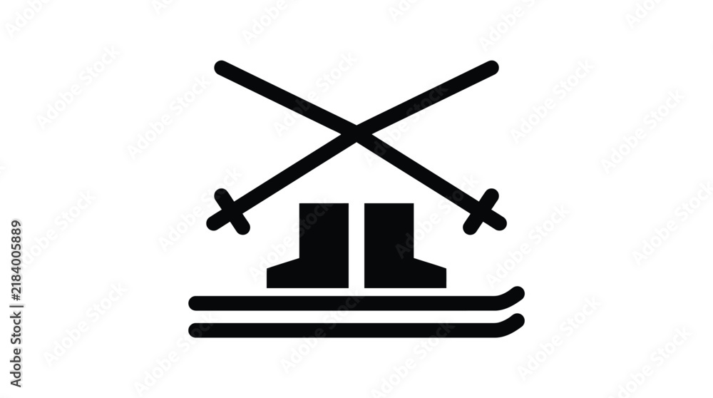 Fototapeta premium Minimalist black vector graphic illustration depicting crossed skiing poles with boots and flat skis for winter