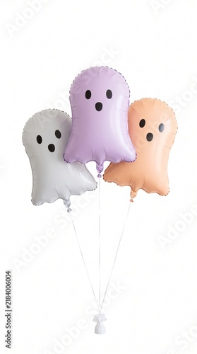 Three cute pastel ghost shaped balloons floating against a white background, perfect for Halloween celebrations