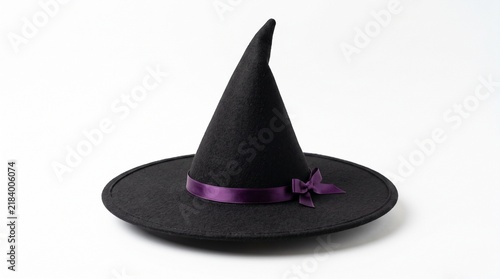 Classic Black Witch Hat with Purple Ribbon and Bow for Halloween Celebrations