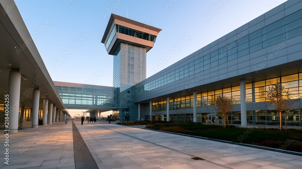 Obraz premium Modern airport terminal with glass facade control tower and wide pedestrian walkway under clear sky at golden hour