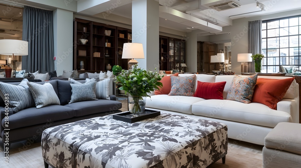 Obraz premium A spacious modern living room with two sofas patterned ottoman bookshelves and large with daylight
