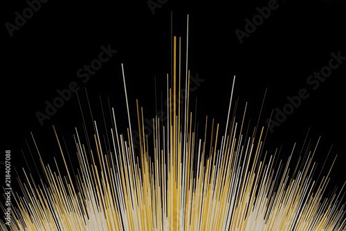 Raw pasta strands stand vertically against a solid black background.