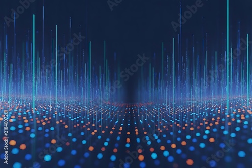 Abstract data visualization displays blue light beams and particles.
