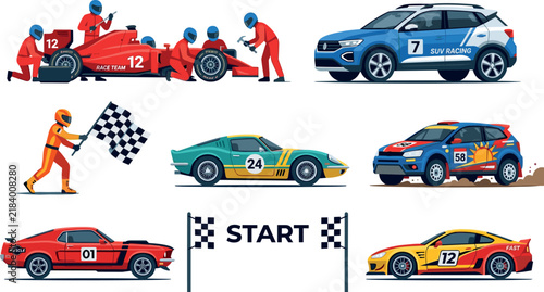 Motorsport and Car Racing Vector Icon Set with Formula One Pit Crew Rally Hatchback Sports Supercars Checkered Flag and Start Line Illustrations