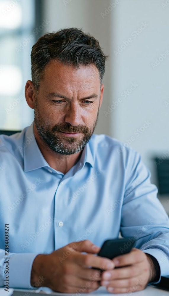 Fototapeta premium Business analyst reviewing mobile inbox at minimalist desk in modern office