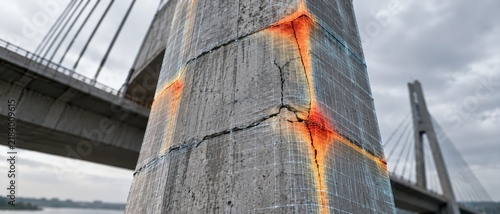 Digital Twin Structural Analysis of Bridge Pylon, Concrete Column with Stress Crack Detection Mesh Overlay for Infrastructure Monitoring Technology