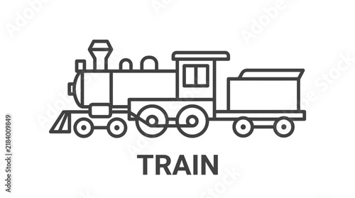 Line art illustration of a classic steam locomotive with a tender and boxcar in black-and-white vector drawing.