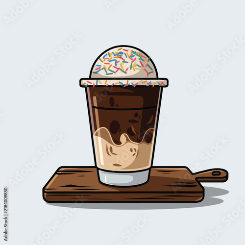 Layered iced coffee drink,Layered iced coffee beverage with decorative sprinkles, refreshing creamy beverage illustration for cafe menu and dessert branding.

