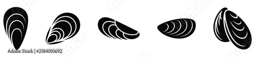 Set of black silhouette mussel seashell icons in different positions
