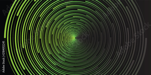 Futuristic circular speed line vortex backdrop with neon green arc segments on dark background.
