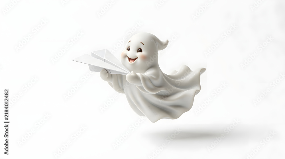 Obraz premium Friendly 3d Ghost Character Flying with Paper Airplane. Cute Halloween Spirit Halloween. Adorable White Figure Flying Ghost Holding Plane. Fun Holiday Icon. Cartoon Halloween Ghost. Happy Ghost
