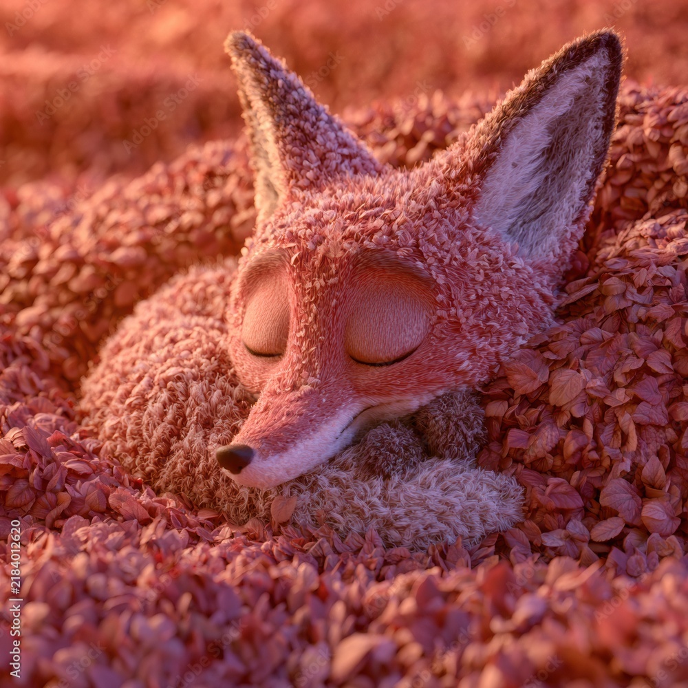 Obraz premium A fox character is curled up and napping in a pile of leaves. The scene is filled with warm russet tones, creating a cozy atmosphere.