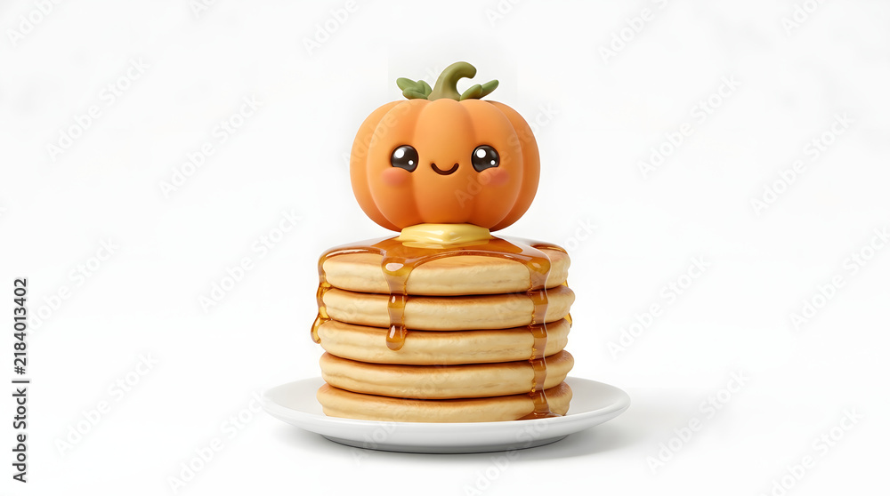 Obraz premium Cute pumpkin on pancakes, orange autumn breakfast stack, seasonal fall food, drizzled maple syrup, kawaii dessert concept, harvest theme, spooky season sweet dish isolated on White Background