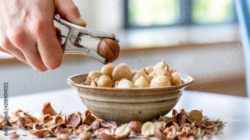 Hand cracking macadamia nut with nutcracker beside bowl of shelled nuts, snack preparation, ingredient processing and home kitchen food handling concept