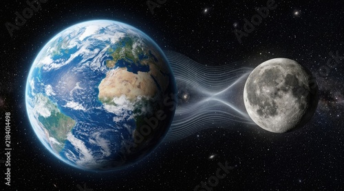 Planet Earth and the Moon showing lunar axial stabilization, demonstrating rare gravitational tidal force interaction, protecting global climate from chaotic orbital tilt swings in deep space.