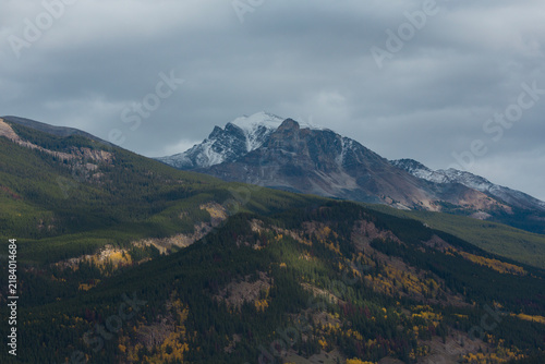 September color begins on mountain slopes of Jasper National Park in Alberta, Canada