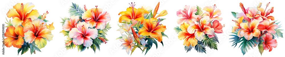 Fototapeta premium Watercolor arrangements of tropical hibiscus and lilies with vibrant colors on a black backdrop