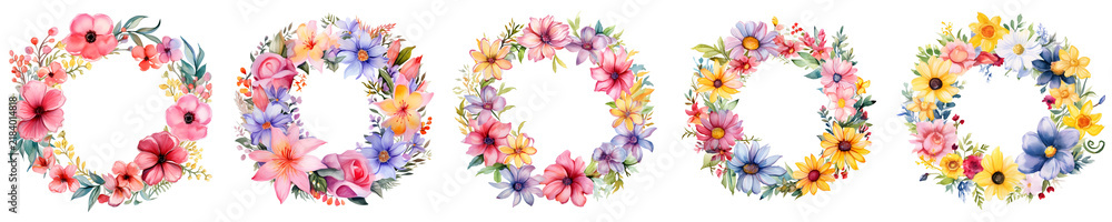 Fototapeta premium Elegant floral wreath collection with colorful flowers and leaves for wedding invitations