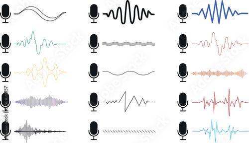 Diverse audio waveforms emanating from microphones against a white background representing sound recording concepts