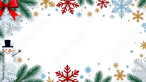 Christmas holiday frame with snowman and snowflakes on white background