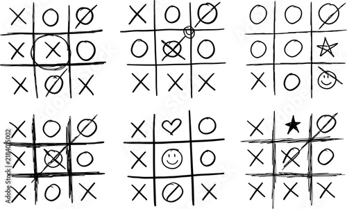 Six tic tac toe games with hand drawn X and O symbols and doodles on white background