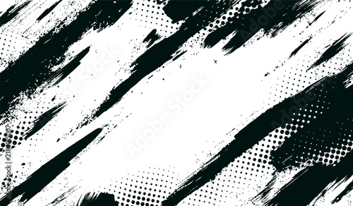 Rough black brush strokes with halftone dots on white background creating a dynamic abstract texture for graphic design