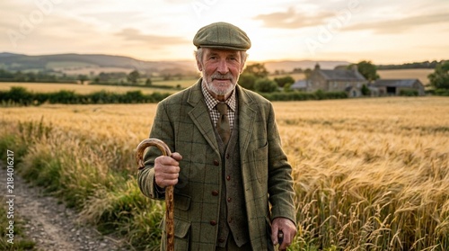Elderly Farmer With Cane In Wheat Field At Sunset, Countryside Lifestyle