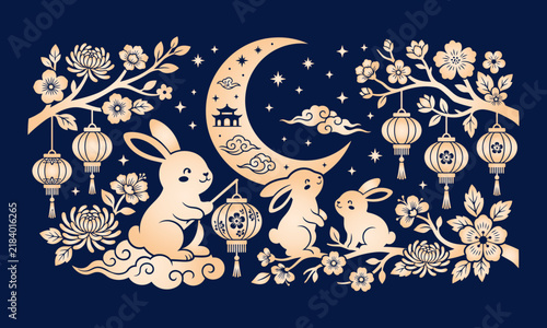 Traditional Chinese Mid Autumn Festival background with cute golden rabbits mooncakes hanging lanterns and full moon