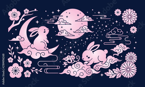 Pink Mid Autumn Festival vector banner with cute jade rabbits full moon and traditional oriental floral paper cut art