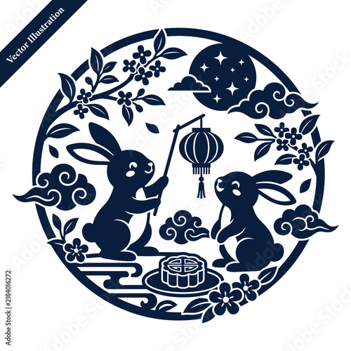 Round blue porcelain style paper cut badge with moon rabbits enjoying mooncakes under full moon and clouds