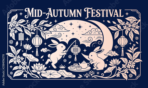 Horizontal Mid Autumn Festival banner template with text header jade rabbits full moon and traditional lanterns