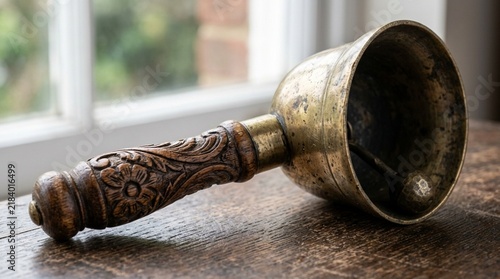 Antique Hand Bell with Carved Wooden Handle on Rustic Table