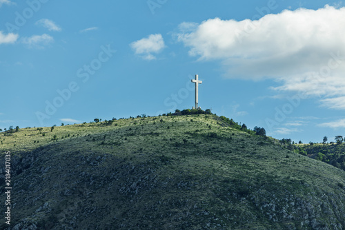 Hum hill with the Millennium Cross above the city of Mostar in Bosnia and Herzegovina