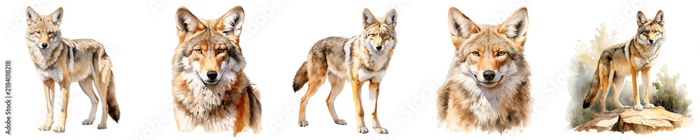 Obraz premium Collection of watercolor illustrations depicting coyotes in various poses on a black background