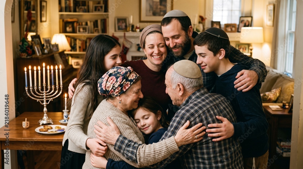 Fototapeta premium Multi generational Jewish family embracing warmly during Hanukkah celebration with lit menorah