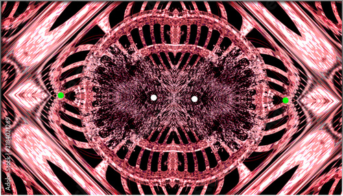 An abstract design featuring symmetrical red and black patterns, creating a mandala-like effect. Highlights of green dots add contrast to the intricate design.